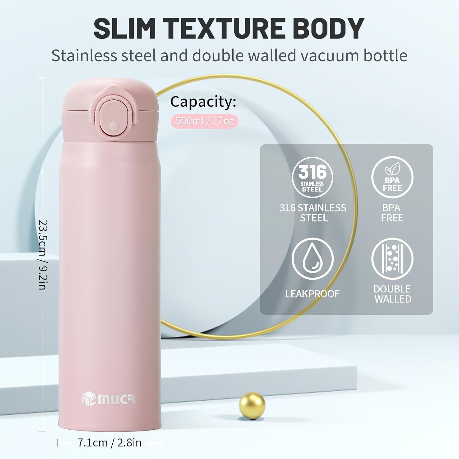 MUCR 500ml Stainless Steel Insulated Bottle,Pop-Up Lid,Leak-Proof,Keep Hot&Cold
