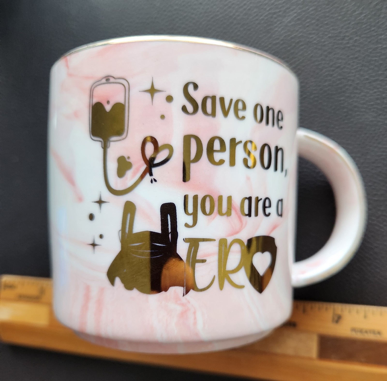 12 Ounce Pink Marbled Coffee/Tea Cup, Gilded Letters. Nurse/Doctor Theme. New