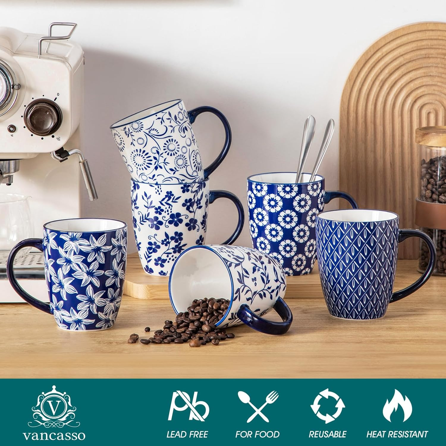 SELENE Large Coffee Mugs Set of 6, 16 Oz Porcelain Coffee Cups