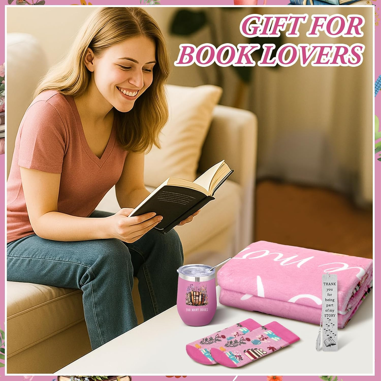 4 Pcs Book Lovers Gifts for Women Book Gift Include 60″ X 50” Reading Blanket 1