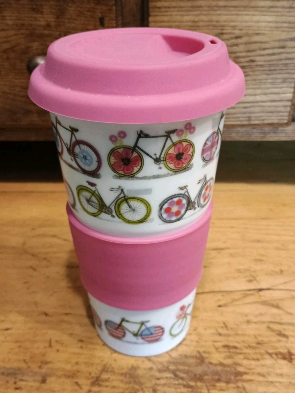 World Market Bicycle Ceramic Travel Mug with Grip and Lid – White / Pink