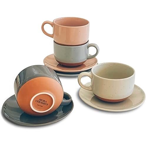 Mora Ceramics 8oz Cappuccino Mug Set of 4 – Ceramic Coffee Assorted Neutral