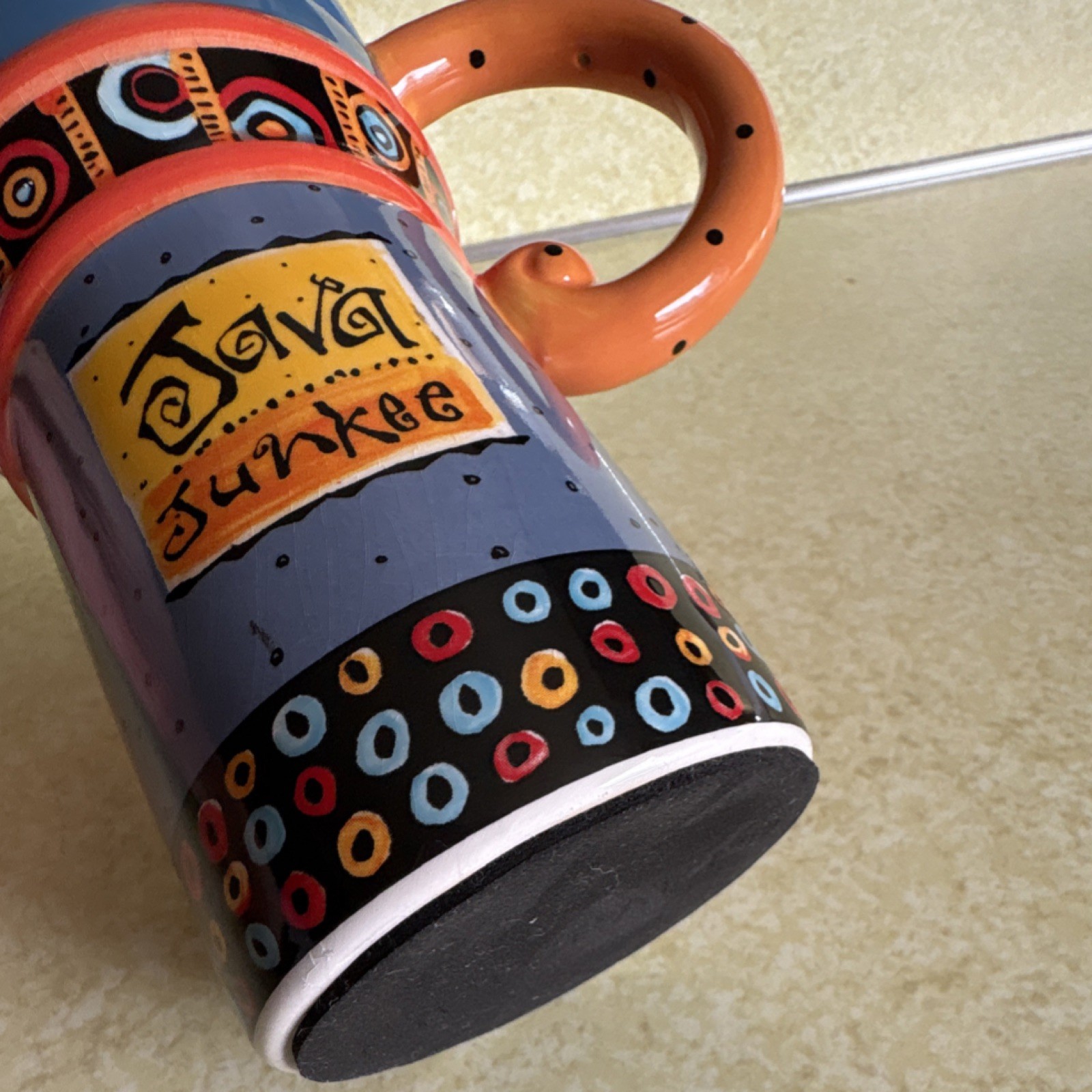 Java Junkie Ceramic Coffee Mug Blue Orange Multicolor Art Deco Design.