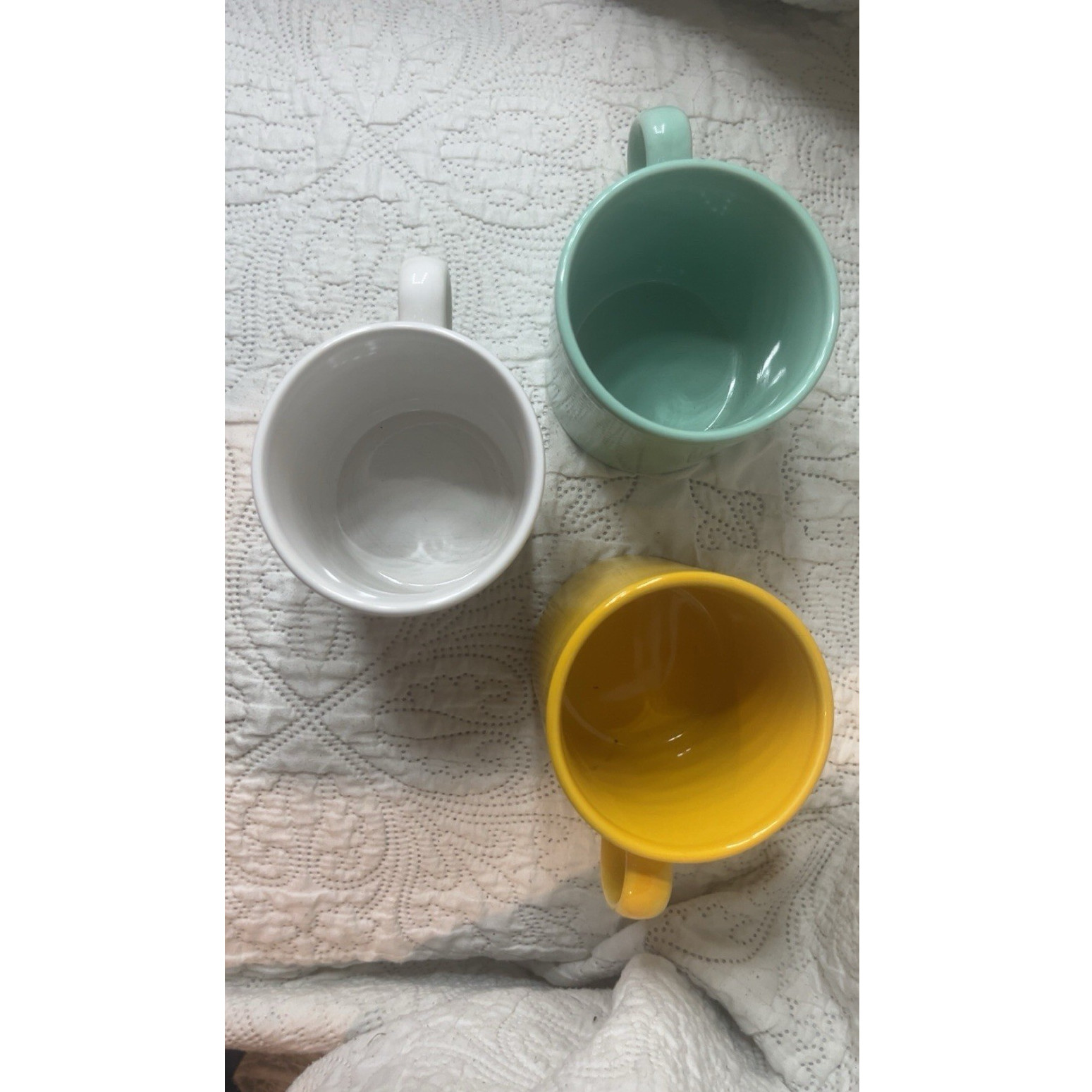 Lynns Stoneware Coffee Mug Set, Solid Color White Teal Yellow, 3-Piece vintage