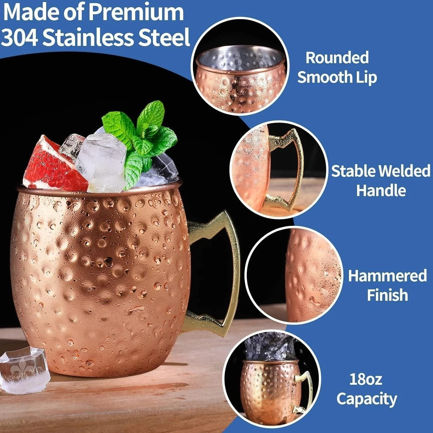 Moscow Mule Copper Mugs- Set of 4 Copper Plated Stainless Steel Mugs 18oz