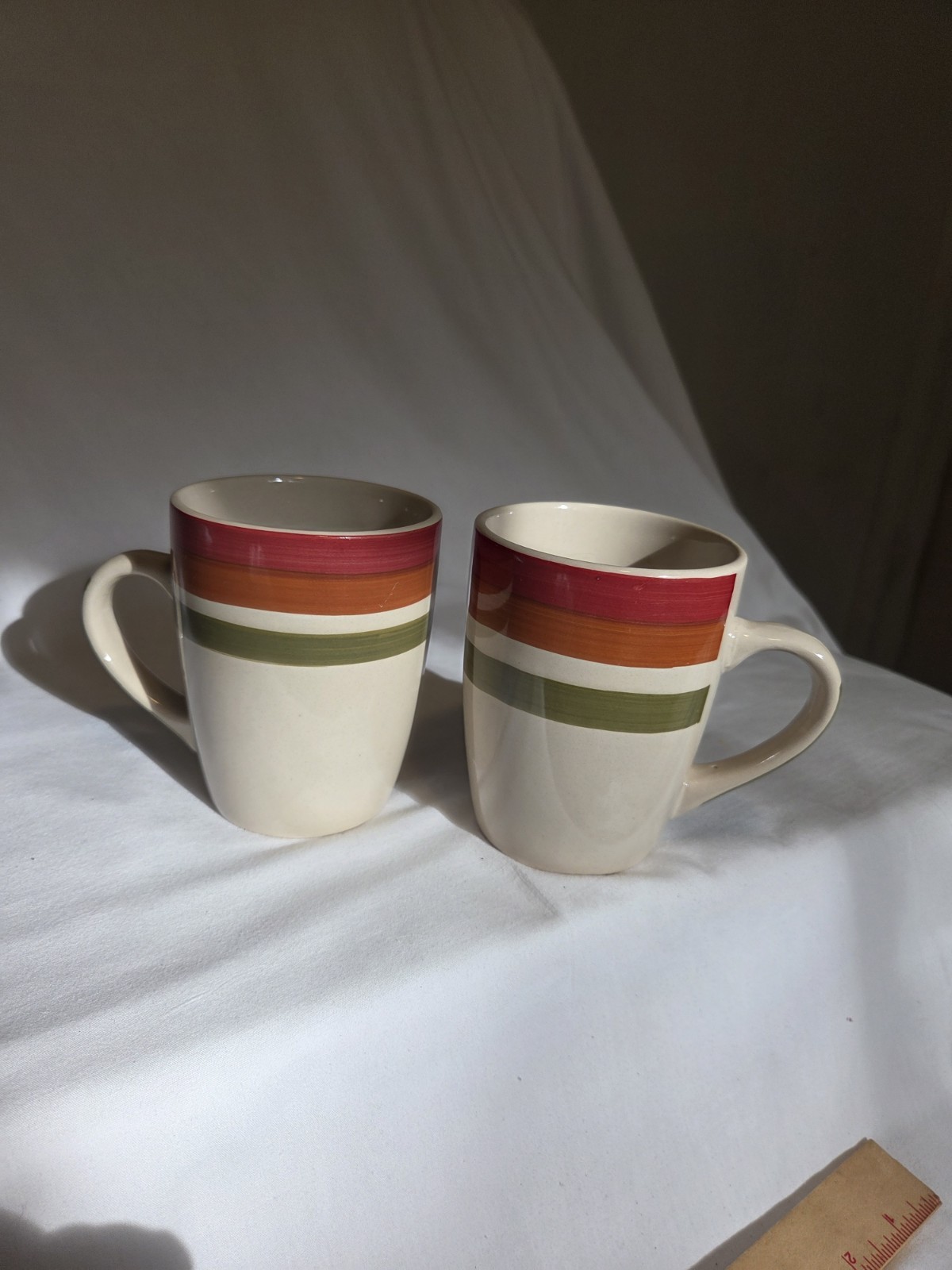 Ceramic Coffee Mug Set Striped Multicolor Red Orange Green Two-Piece 4in