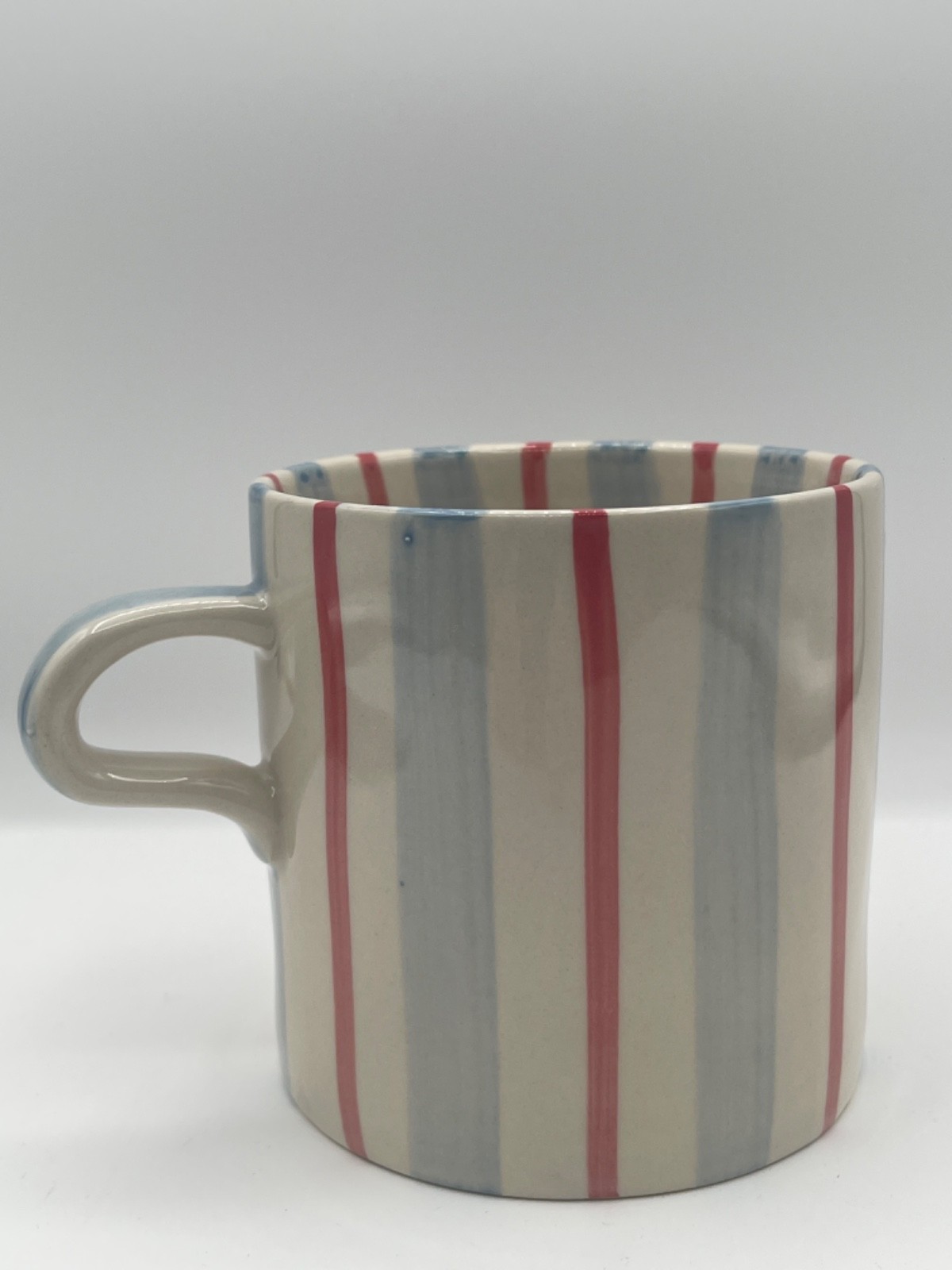 Anthropologie Hand-Crafted Daily Stripe Mug Red & Blue Unique Handle Design!