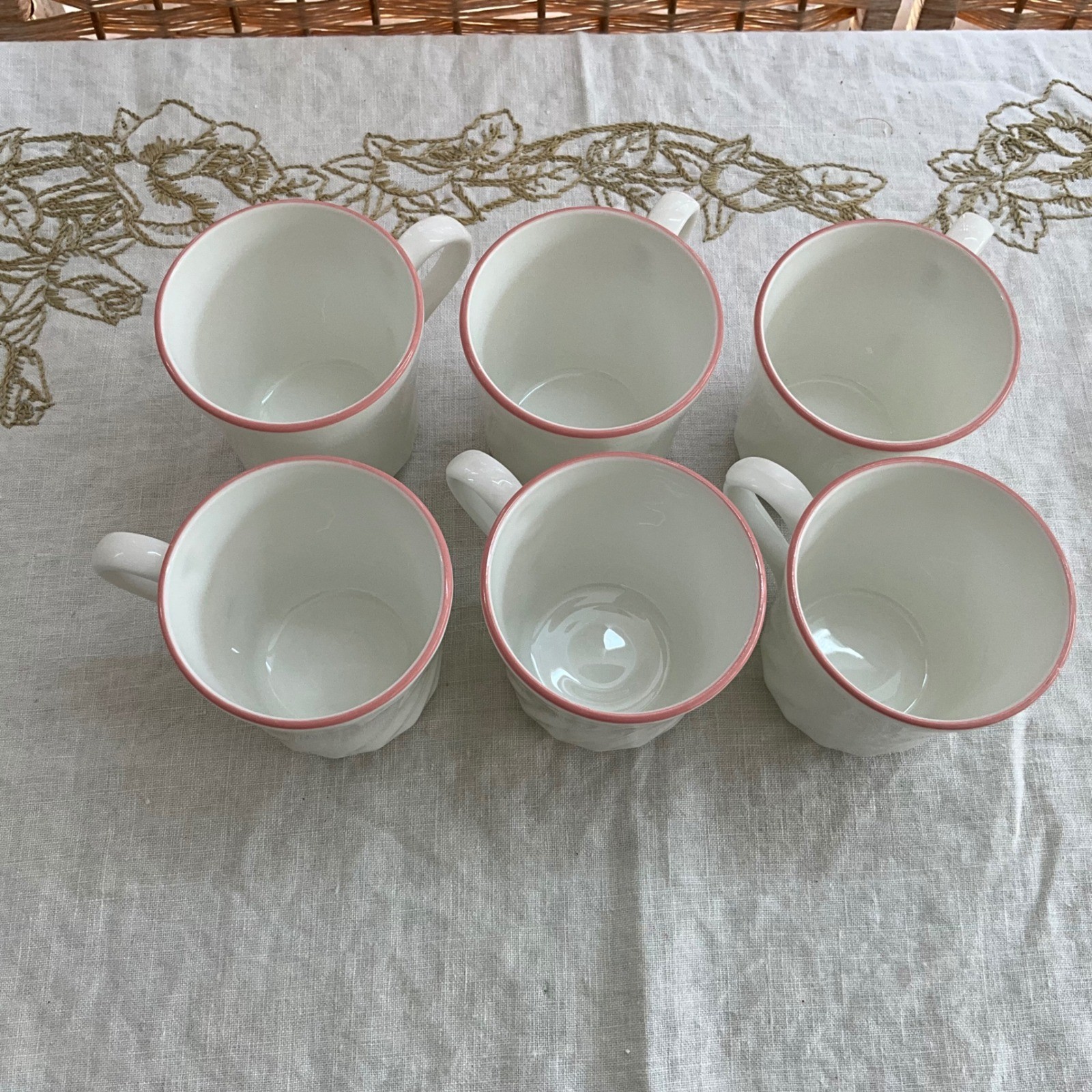 Vintage Corning USA White Pink Rim Swirl Mugs Set of 6 Microwave Safe 3.5 Inch