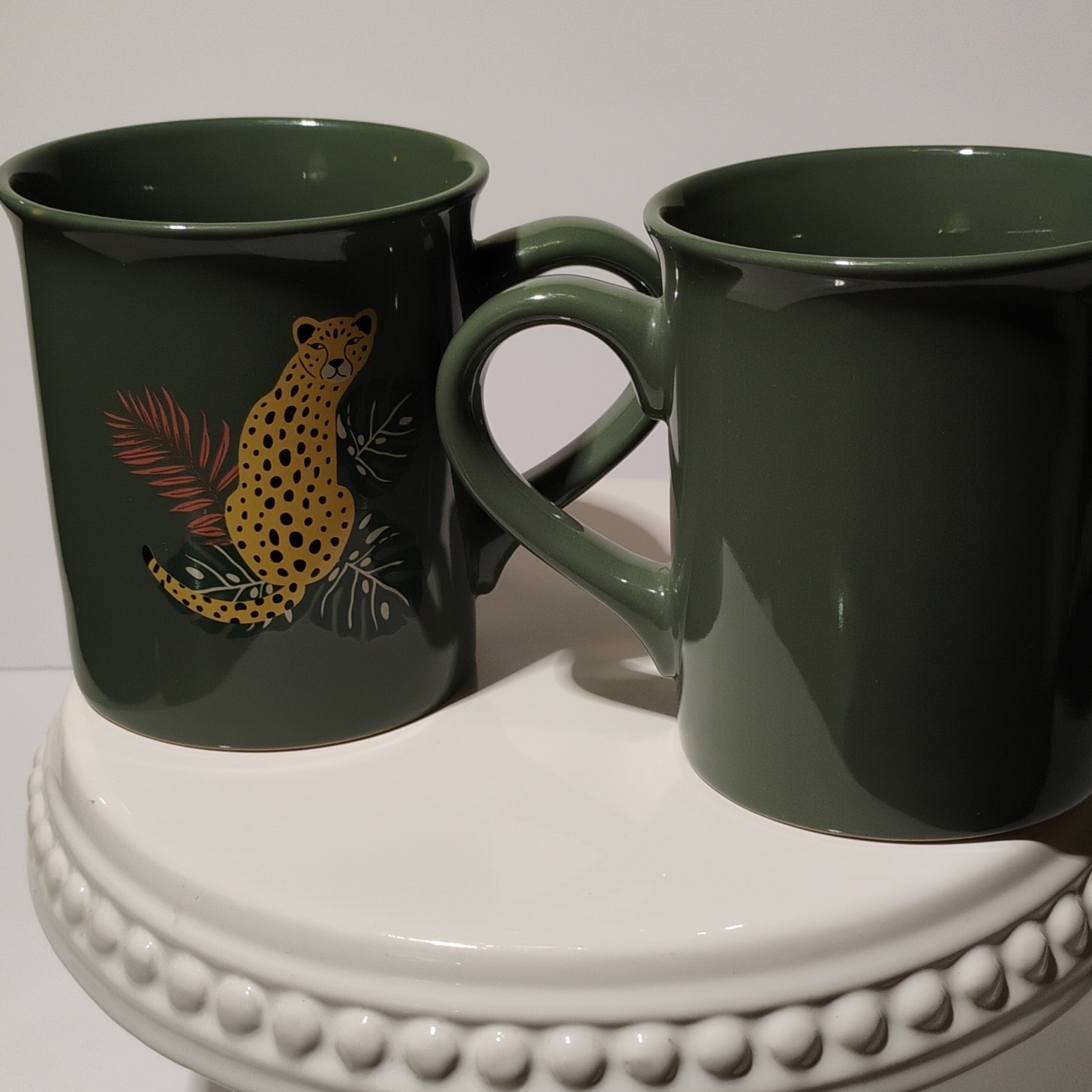 Ceramic Coffee Mug Set Two-Piece Dark Green Leopard Animal Print 16 fl oz