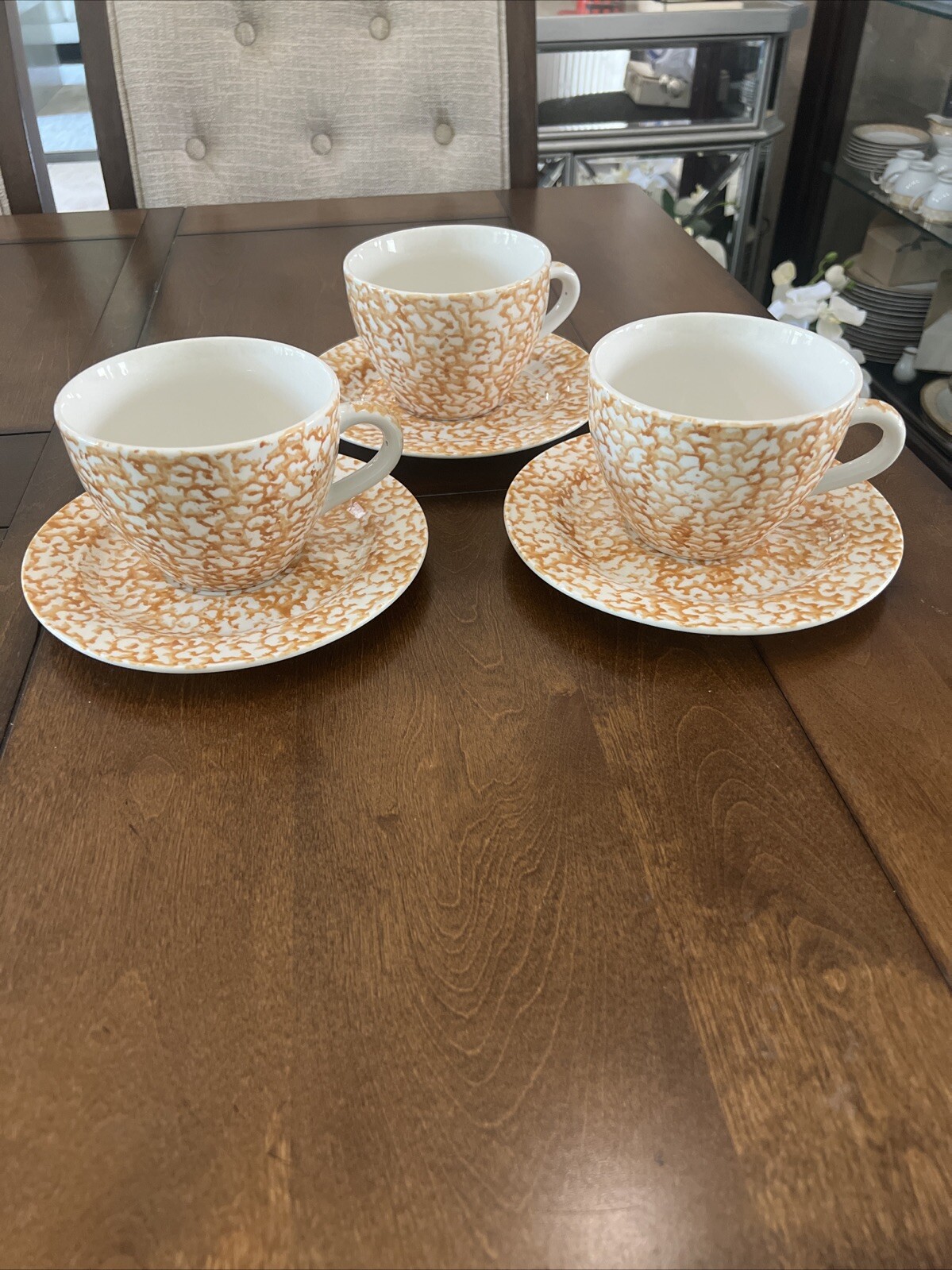 3 Pc Set . “Sponge” Coffee Mug. Orange Color. Complete With Saucer 16 oz.