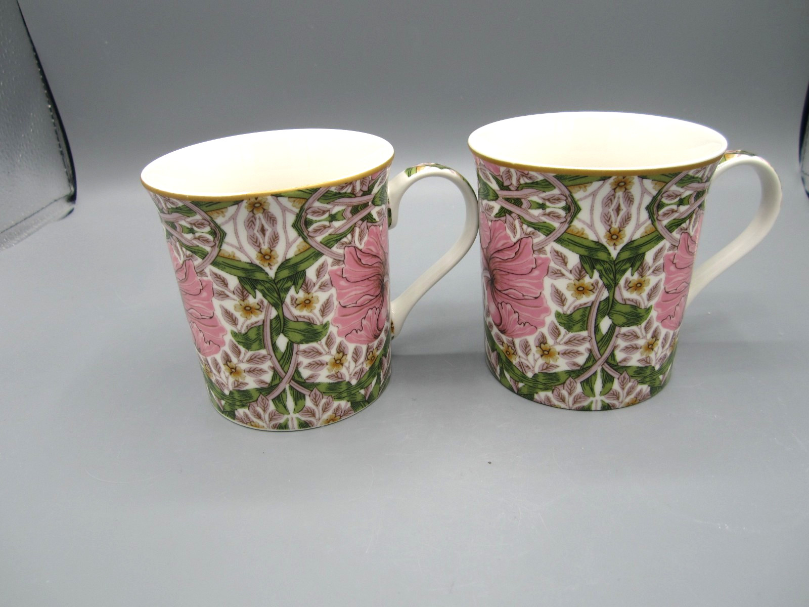 Pair William Morris Pimpernel Pink Green White Floral Tea Coffee Mug 12 oz (510)