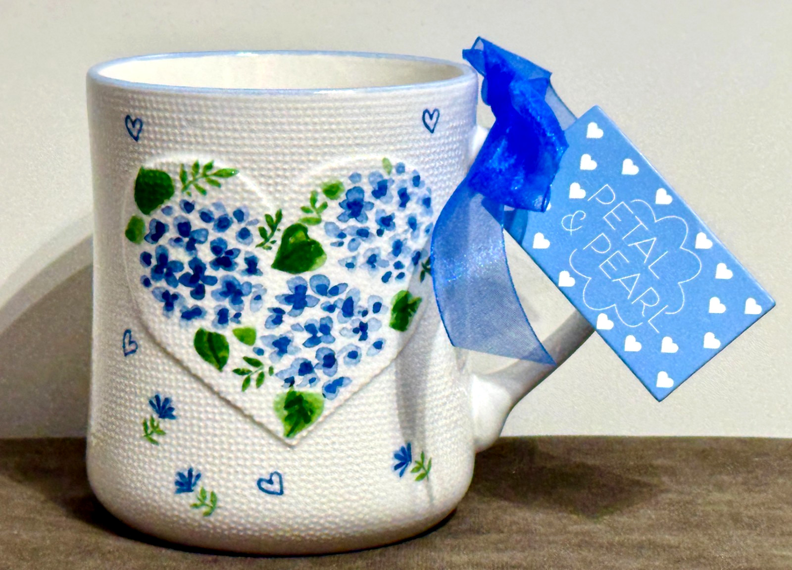 Petal & Pearl Blue Hydrangeas & Hearts Ceramic Mug with Dot Texture #675