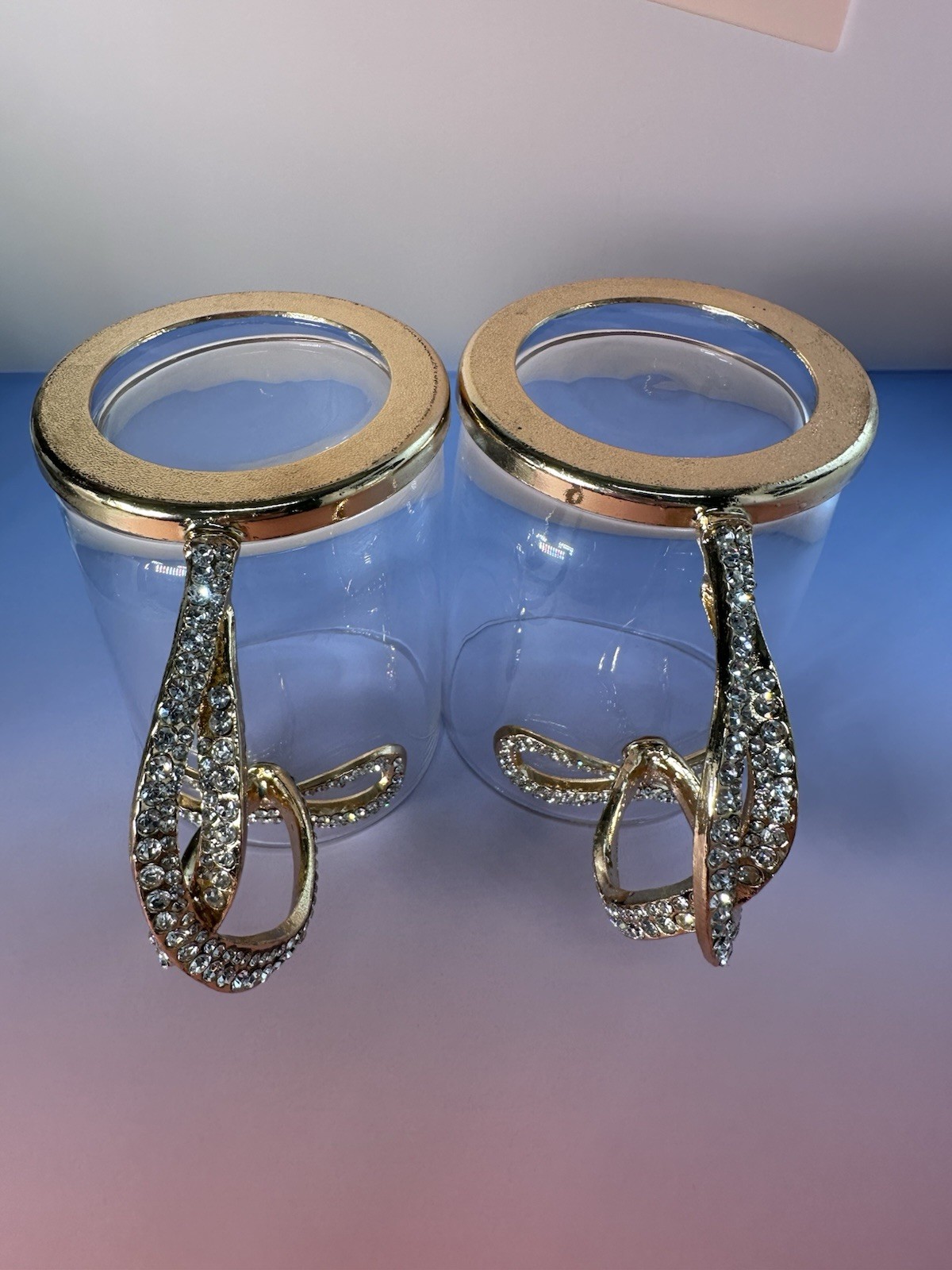 Set of 2 Glass Bow Mugs Gold Tone Rhinestone Bling Handle Decor Any Occasion