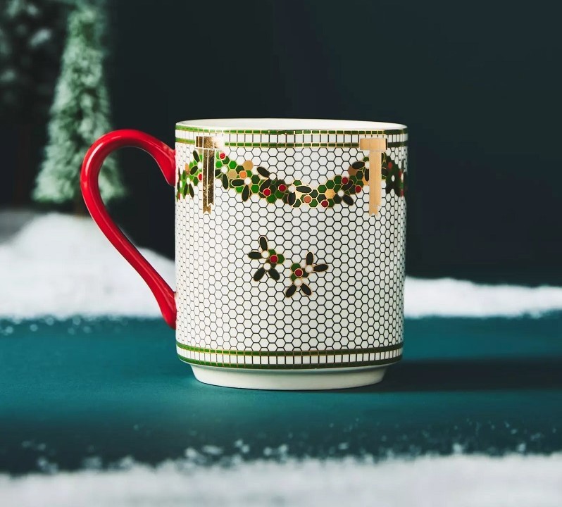 Anthropologie Festive Bistro Tile Stoneware Monogram Mug Letter “A” Red 24k gold