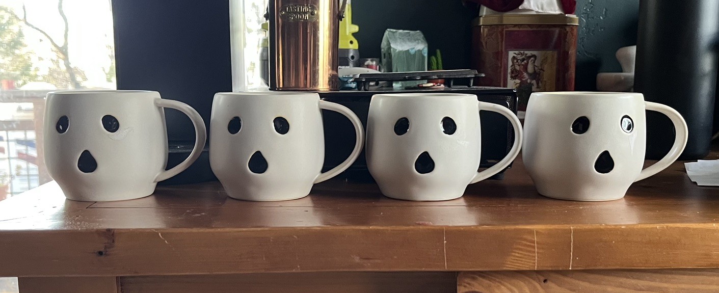 Set of 4 Pottery Barn Ghost Mugs Halloween Cups Stoneware Matte White Spooky EUC