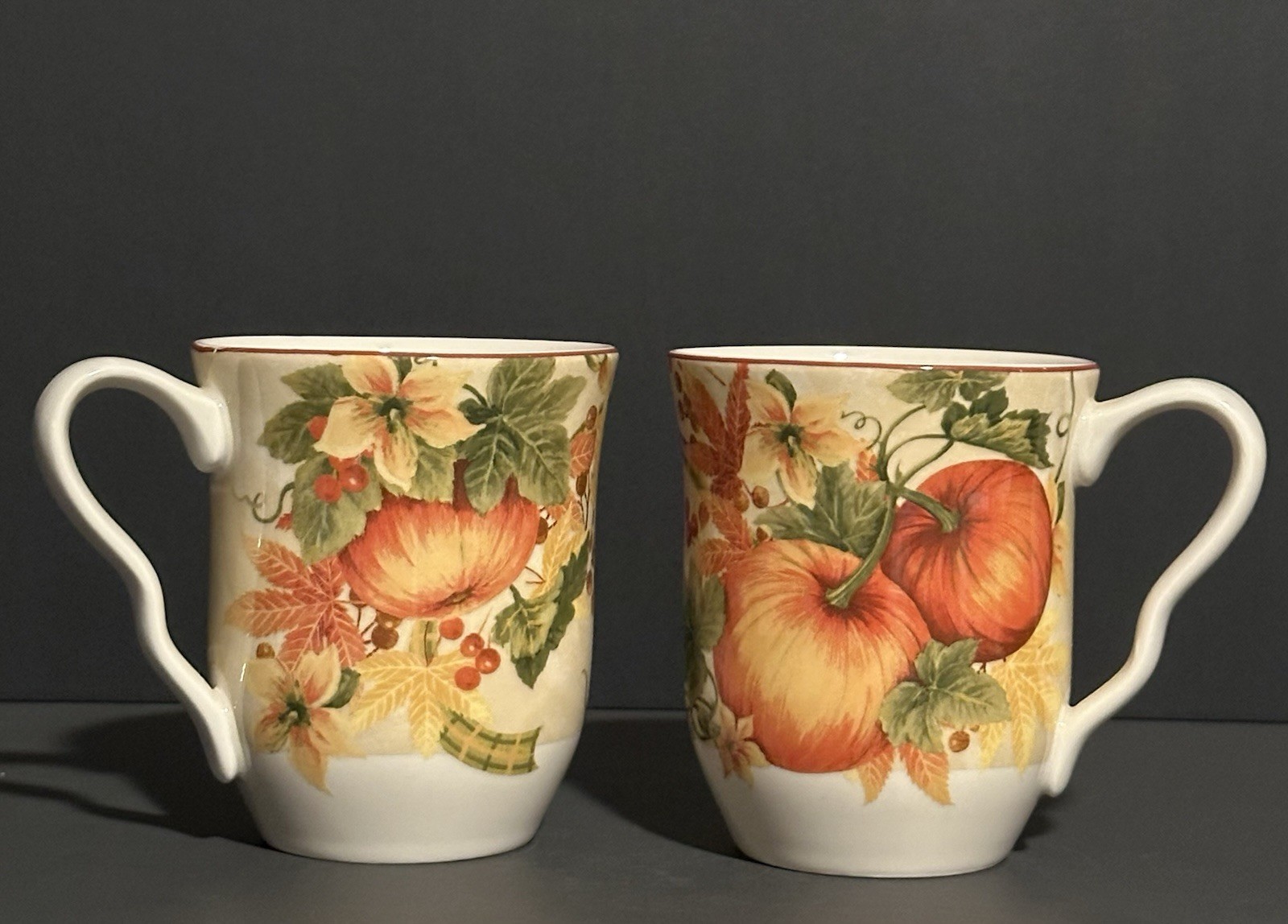 222 Fifth Pumpkin Vine Orange Coffee Mug Cup Autumn Thanksgiving Fall Set of 2