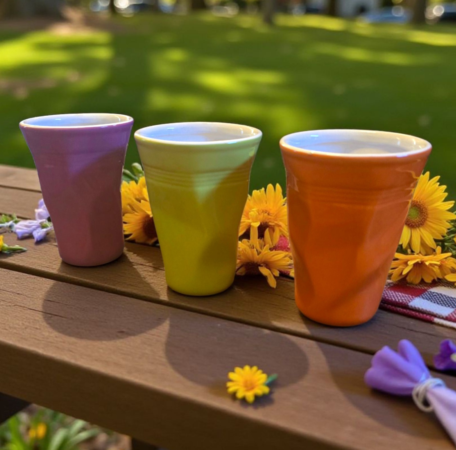 3 Porcelain Crumpled Crush 9 Oz Cup Mug Tumbler Set Green Orange Purple 4.5″