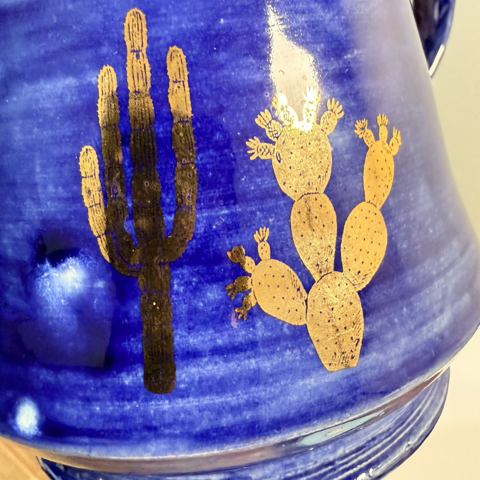 Handmade Ceramic Blue & Gold Cactus Design Pottery Mug Signed 83