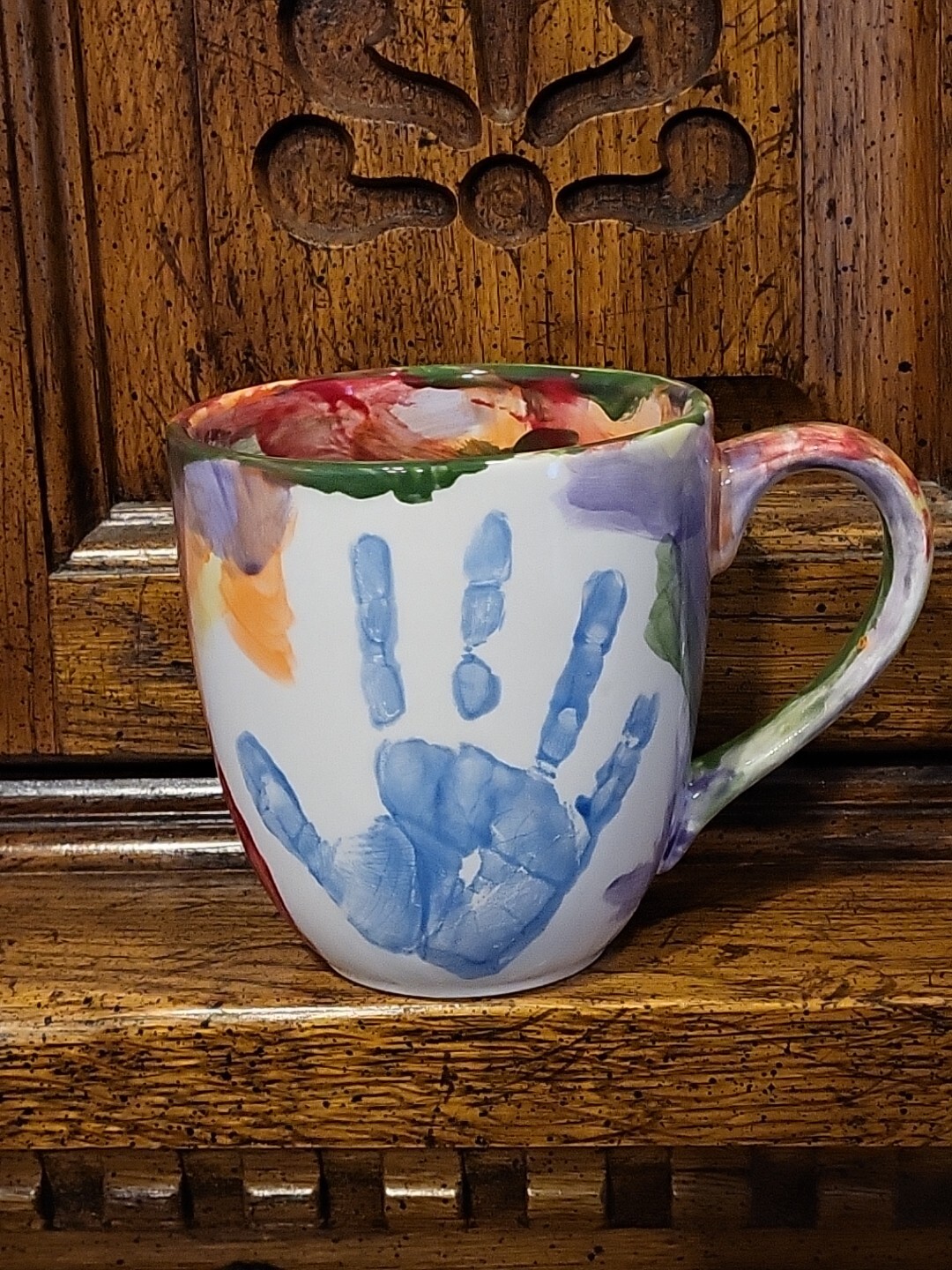 Large Coffee Mug Colorful Abstract Handprint Mug 14 oz New Unknown Signature