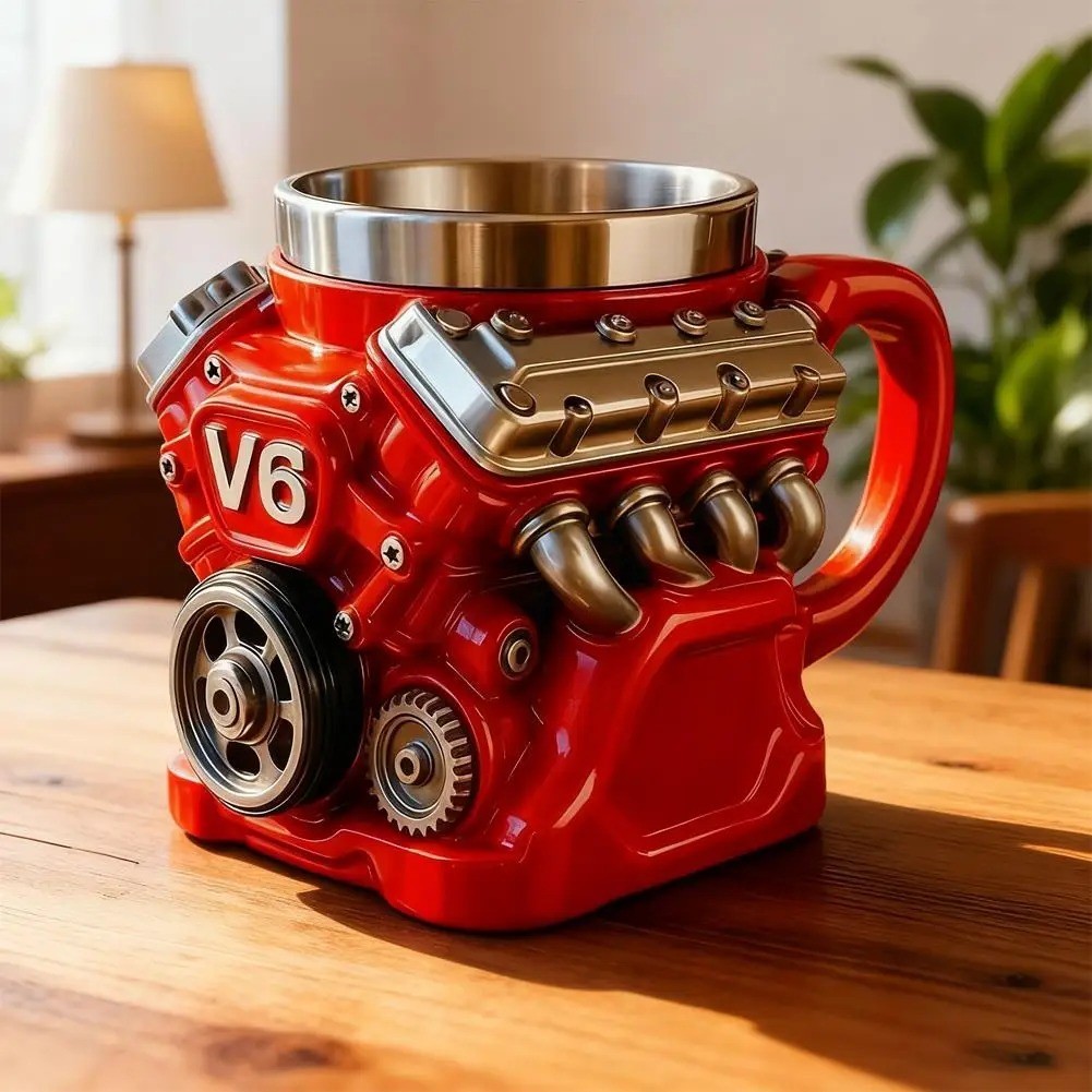 Retro V8 Engine Coffee Mug Ceramic Cup Stainless Steel Interior Gift Automotive