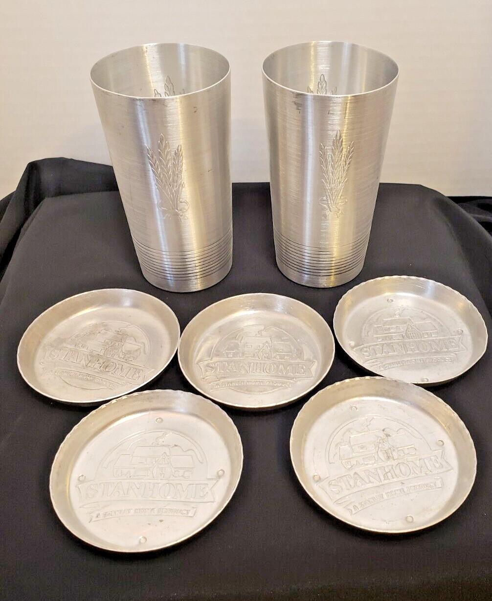 MCM West Bend 2 Tumblers Wheat Pattern Aluminum W/ 5 Free Stanhome Coasters