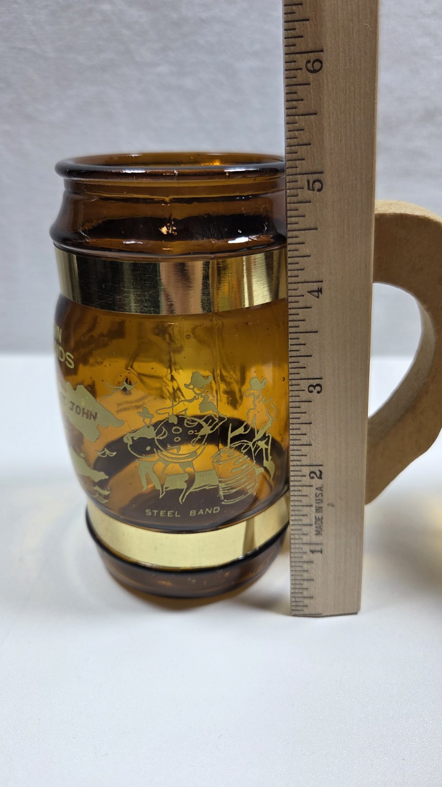 Vintage Amber Glass Set Of 3 Virgin Islands Beer Barrell Mug With Wooden Handle