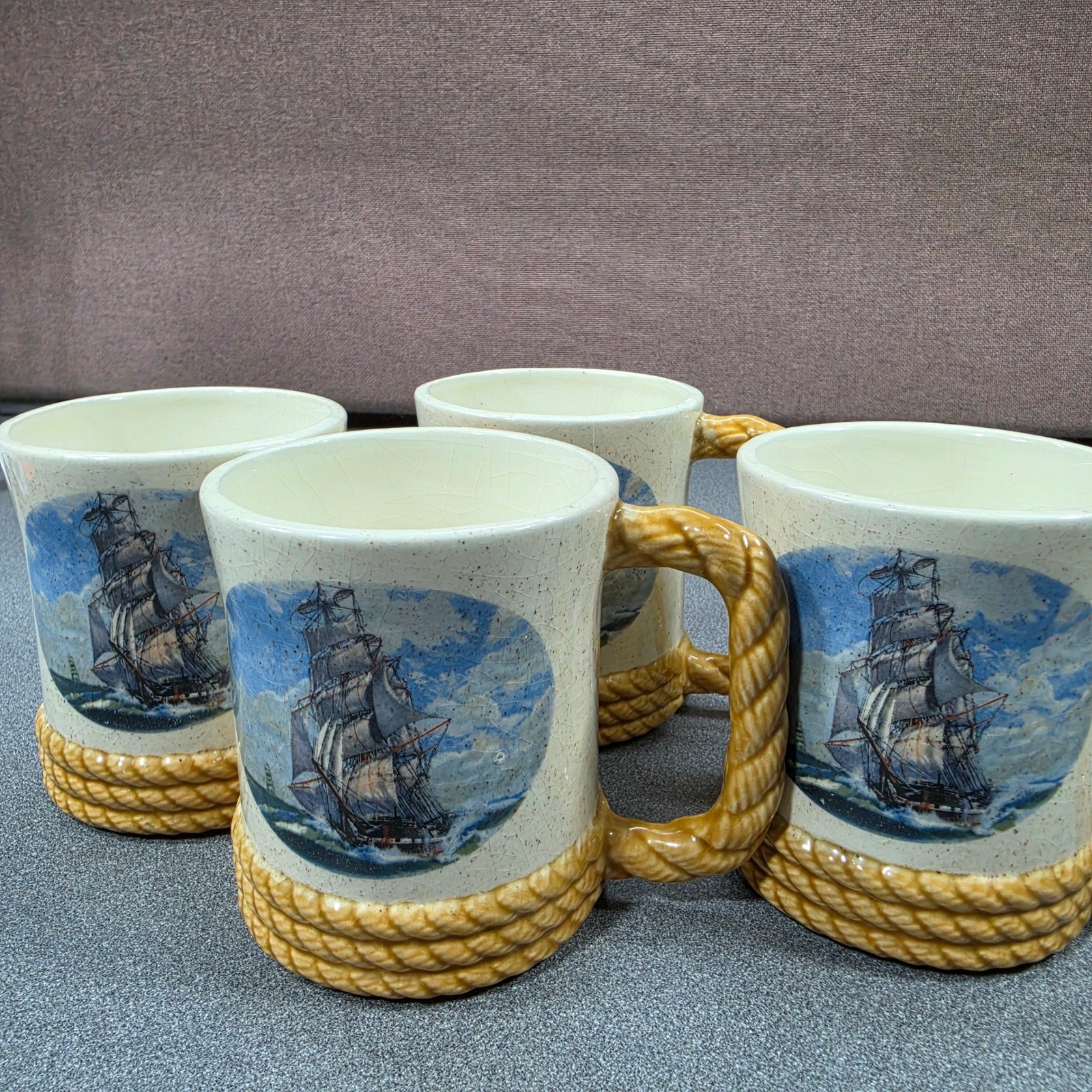 Nautical Ship Mugs Set of 4 Cream Tan Good Rope Handle Crazed Glaze