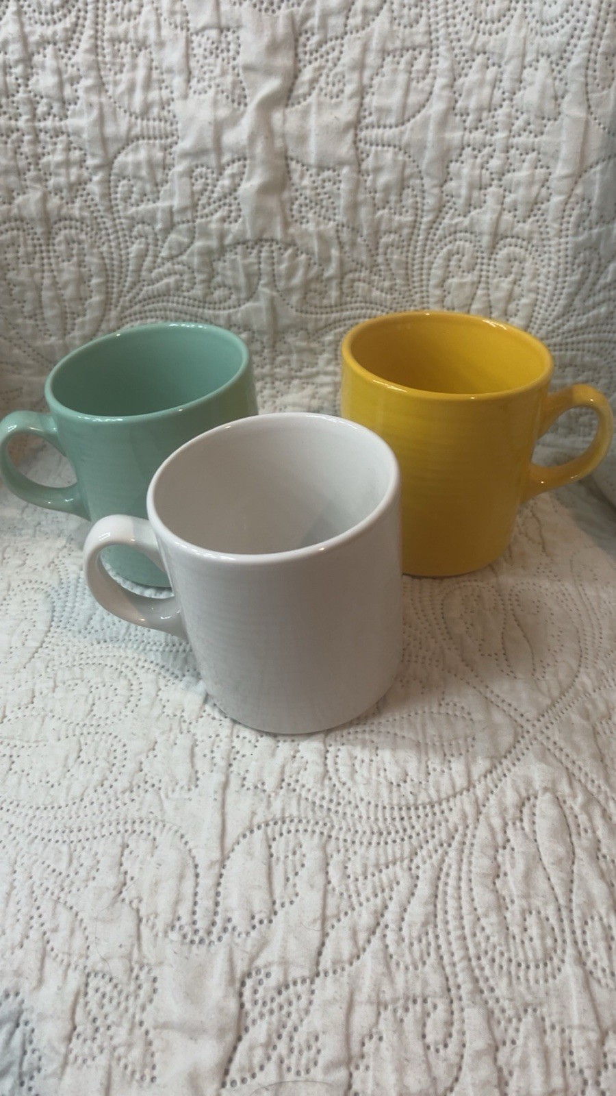 Lynns Stoneware Coffee Mug Set, Solid Color White Teal Yellow, 3-Piece vintage