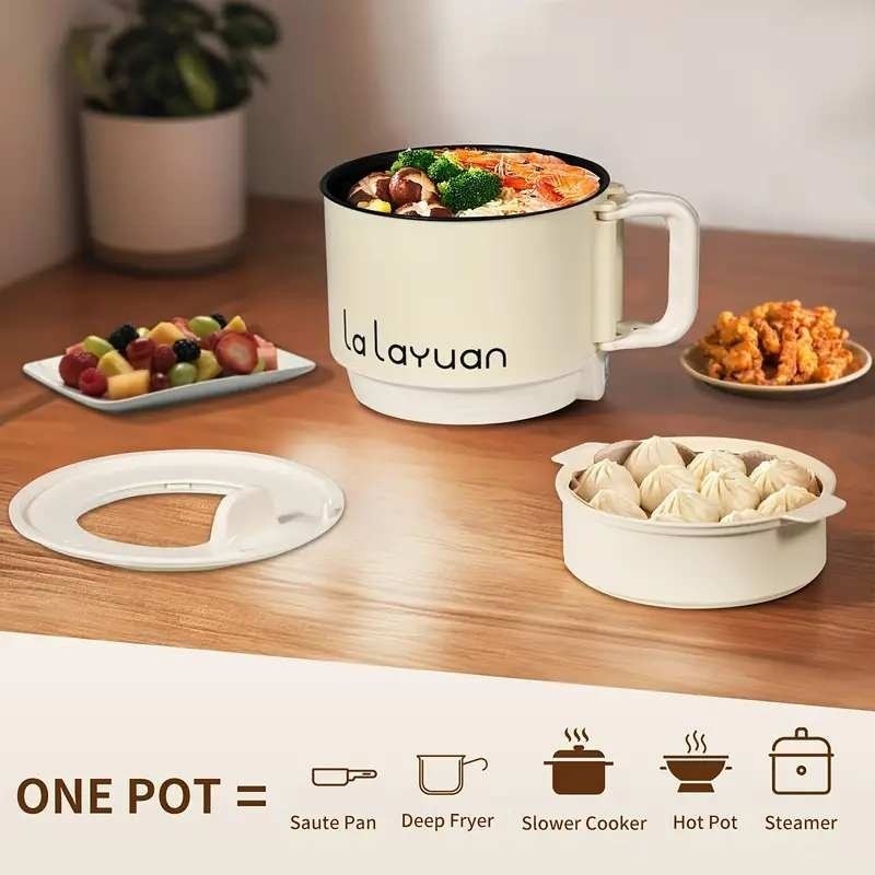 La Layuan White 1.6L Electric Cooker with Steamer Non-Stick, Dual Power Contro