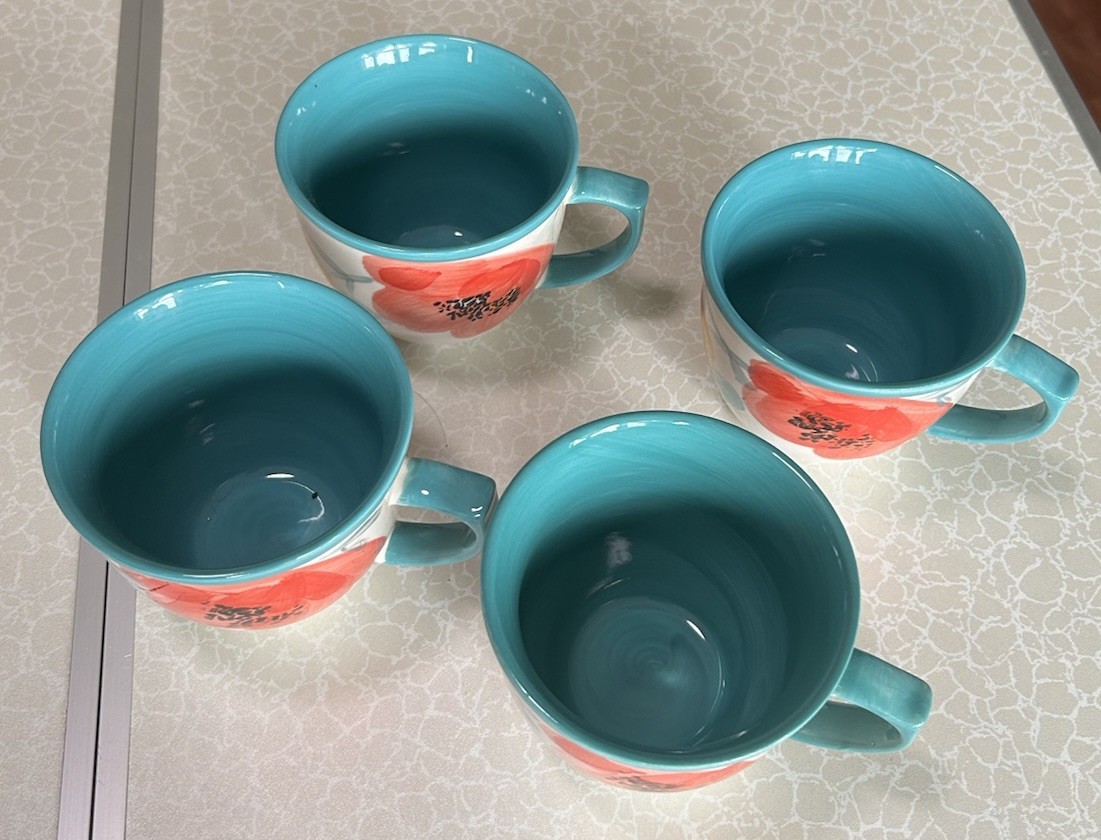 The Pioneer Women Flea Market Decorated Coffee Cup, Floral Turquoise, Set of 4