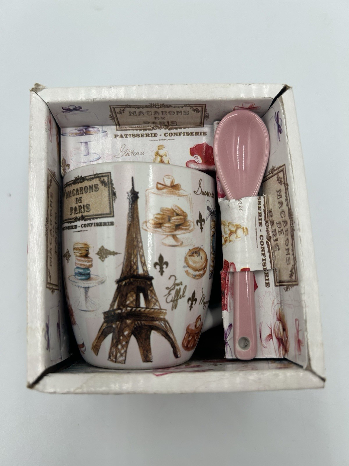 Macarons de Paris Ceramic Coffee Mug Pink Paris Theme with Latte Spoon Set