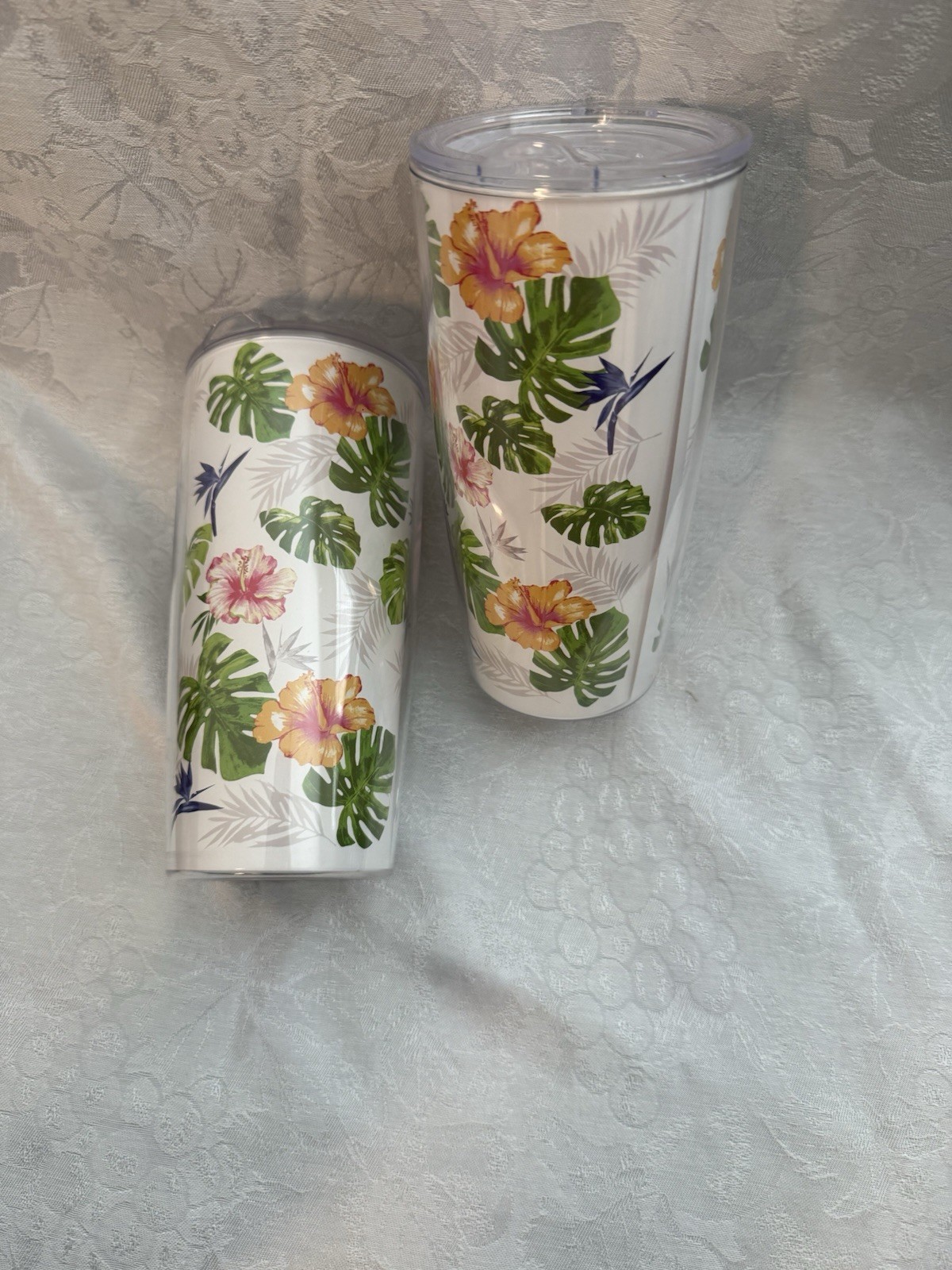 Tropical Floral Plastic Tumbler Cup With Lid Hawaiian Hibiscus Monstera Design