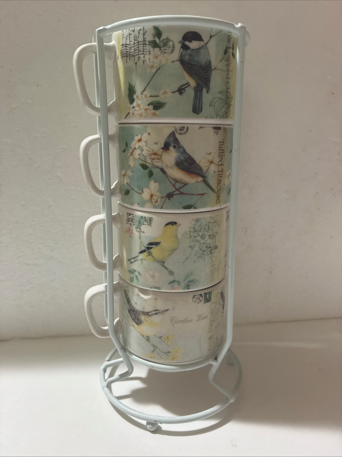 Set of 4 Stacking Mugs W/white Stand Rack Ceramic Coffee Cup With Birds