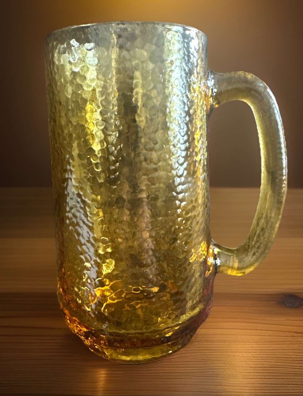 Vintage Pebbled Glass Tumbler Large Mug Amber Glass MCM Drink Ware