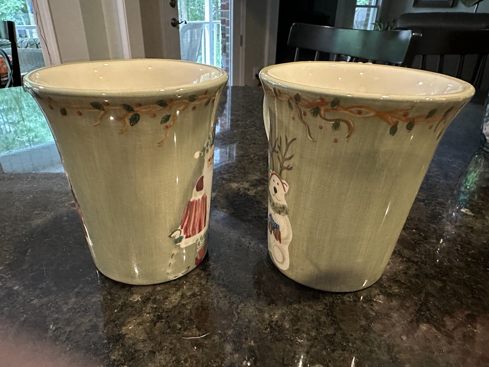 2 Nantucket Home Green Porcelain Coffee Tea Mugs Cups Christmas Holidays Santa