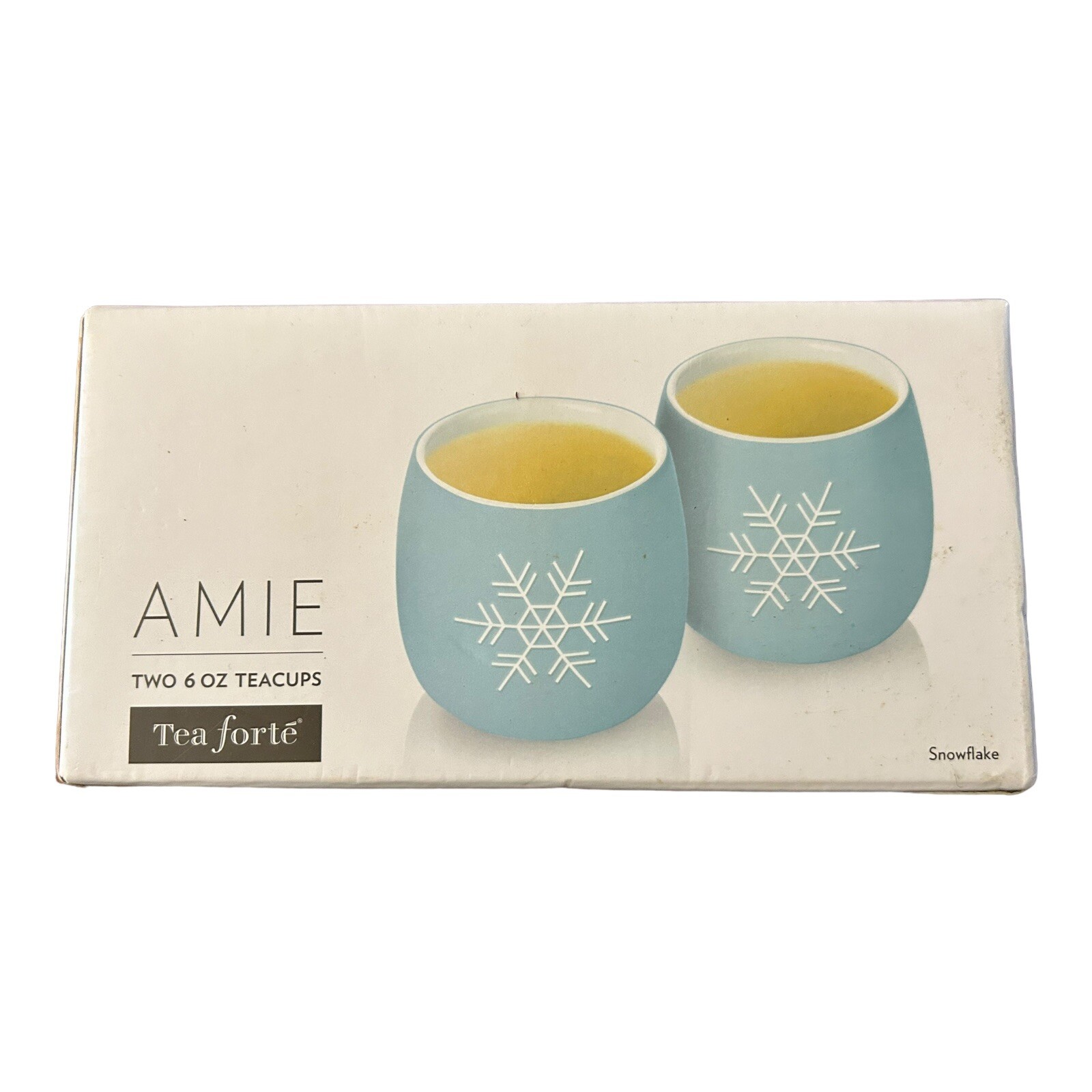 Tea Forte AMIE CERAMIC TEACUPS Set Of 2 Blue & White Snowflake Design 6 oz New