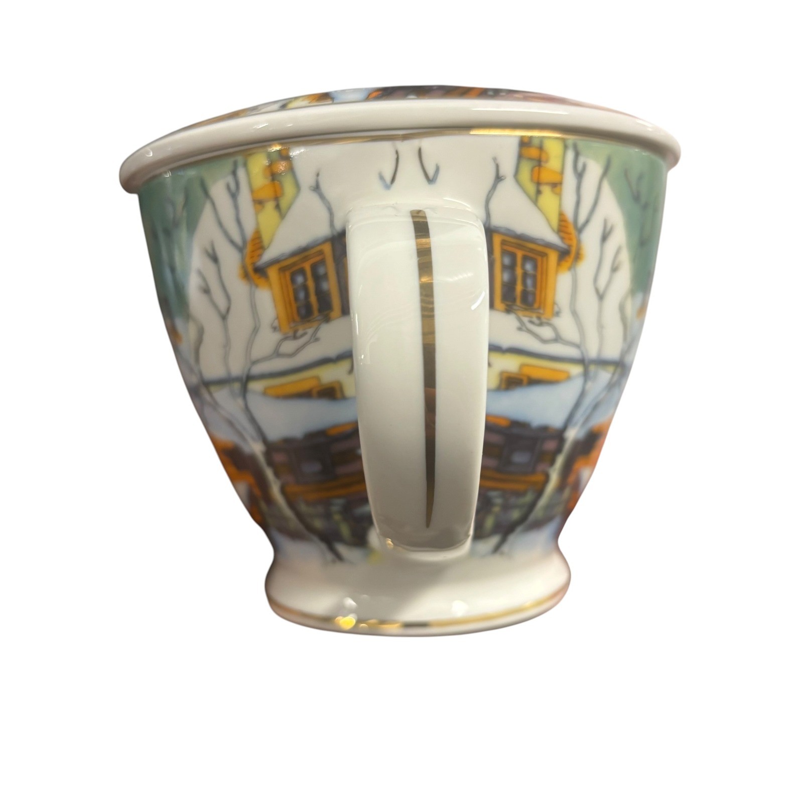 Grace Fine Ceramic Winter Village Tea Mug Set with Lid & Spoon Gold Trimmed