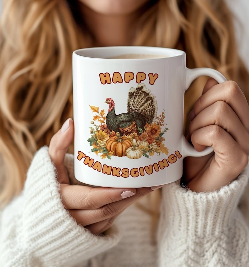 Happy Thanksgiving Mug – Turkey, Flowers, Pumpkins Coffee Cup – Festive Thanksgi