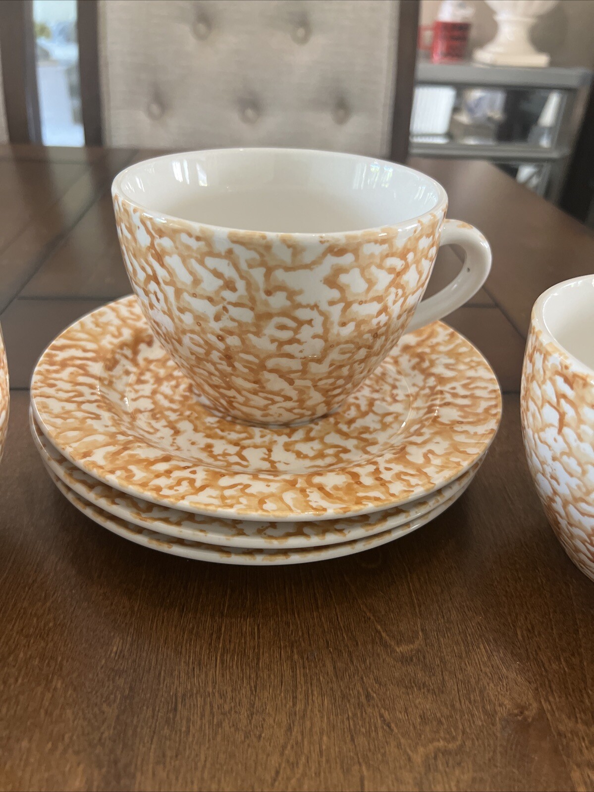 3 Pc Set . “Sponge” Coffee Mug. Orange Color. Complete With Saucer 16 oz.