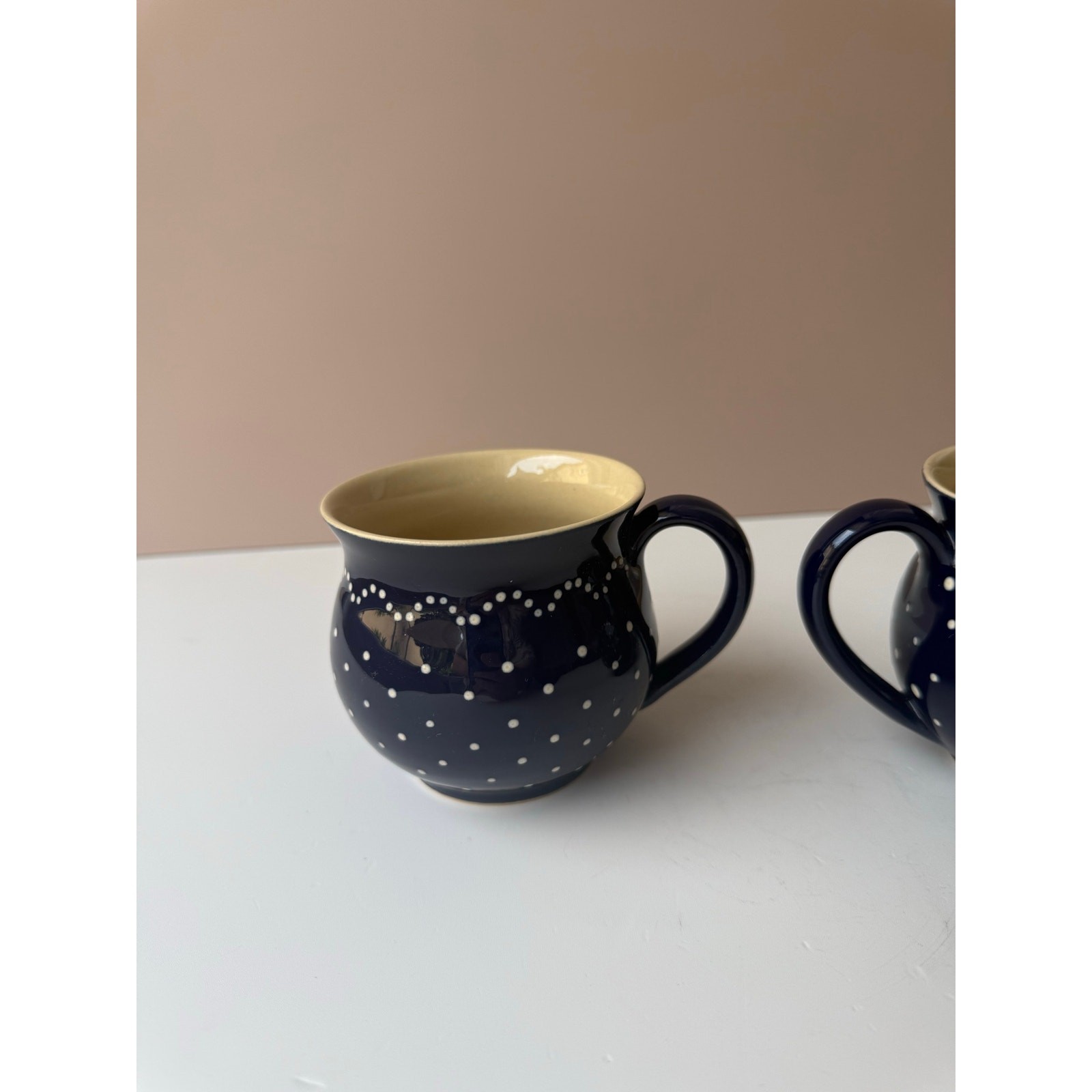 Echt Bürgeler Navy Blue White Dot Bulbous Coffee Tea Mugs Set 2 German Pottery