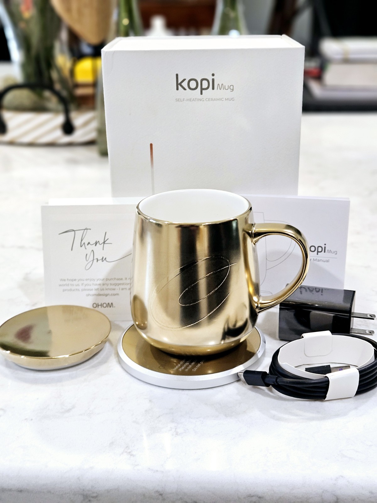 Ohom Kopi Mug 12oz and Warmer Gold Self Heating Mug Ceramic New open box TESTED