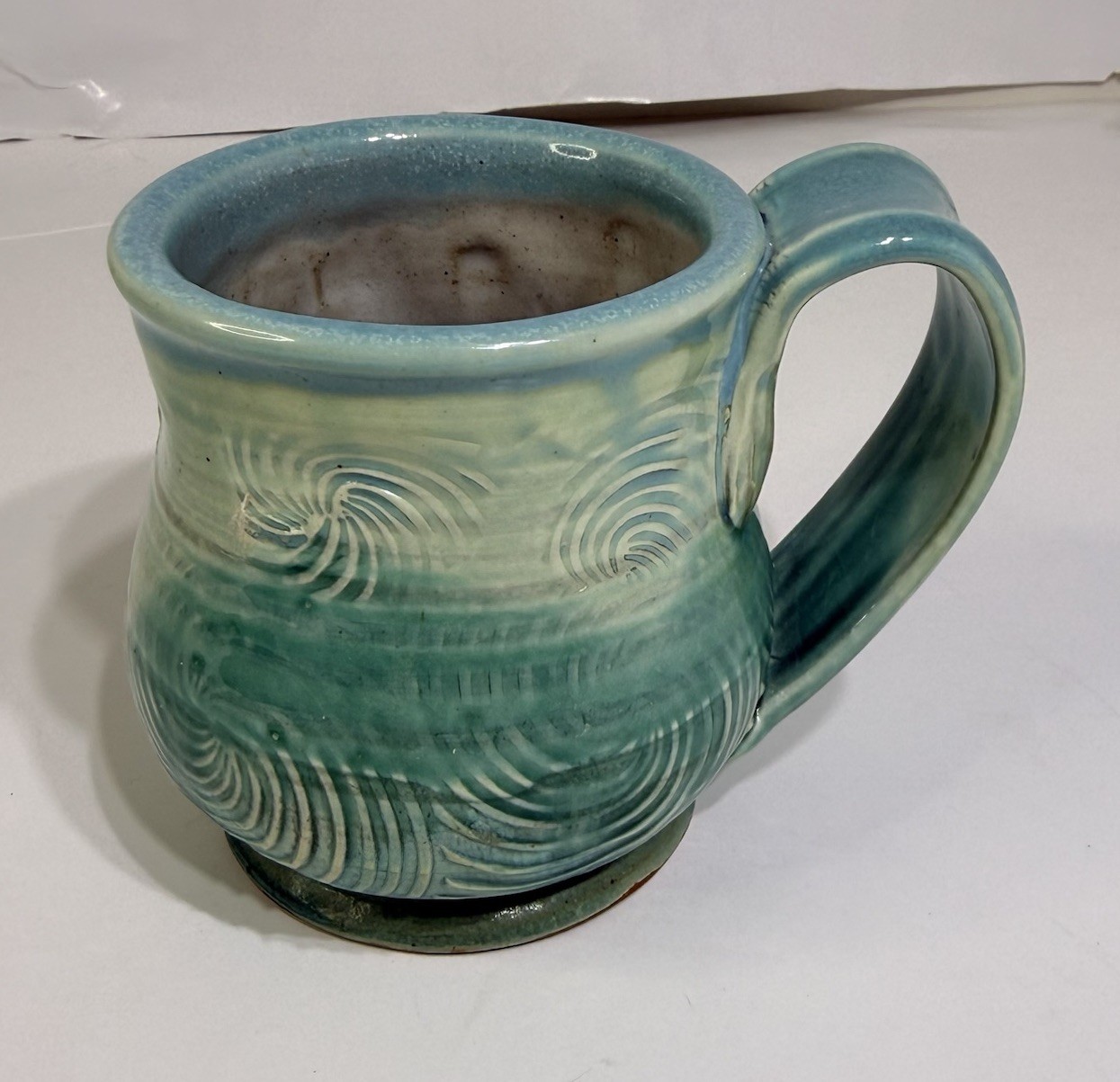 Studio Pottery Coffee Mug Cup Green Wave Design Signed Beach Salt Life