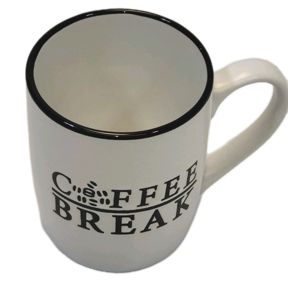 Farmhouse Style Coffee Mug “Coffee Break” Black Rim Rustic Cottagecore Tea Cup..