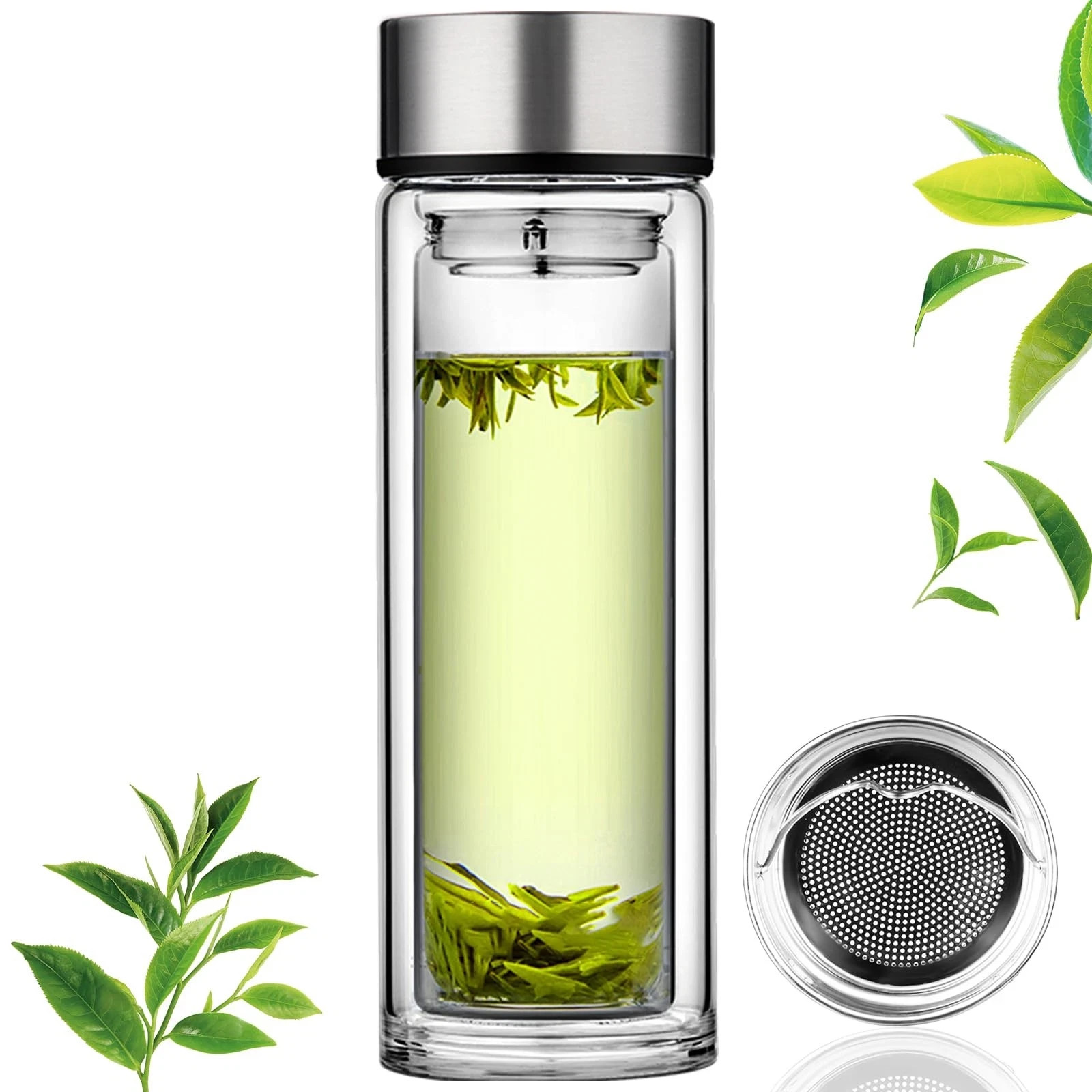 Glass Tea Infuser Bottle Flood Cup 12oz/350ml Double Wall Borosilicate Portable