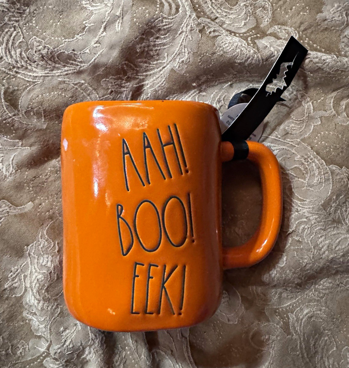 Rae Dunn Orange/Black Ceramic Halloween Coffee Mug 16 oz “AAH! BOO! EEK!”