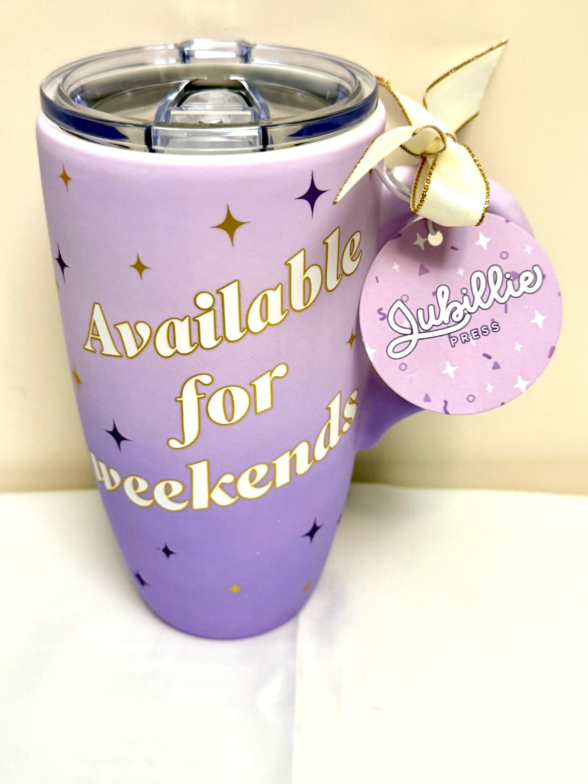 “Available For Weekends” Jubillie 18oz Ceramic Ombre Soft Touch Travel Mug #404