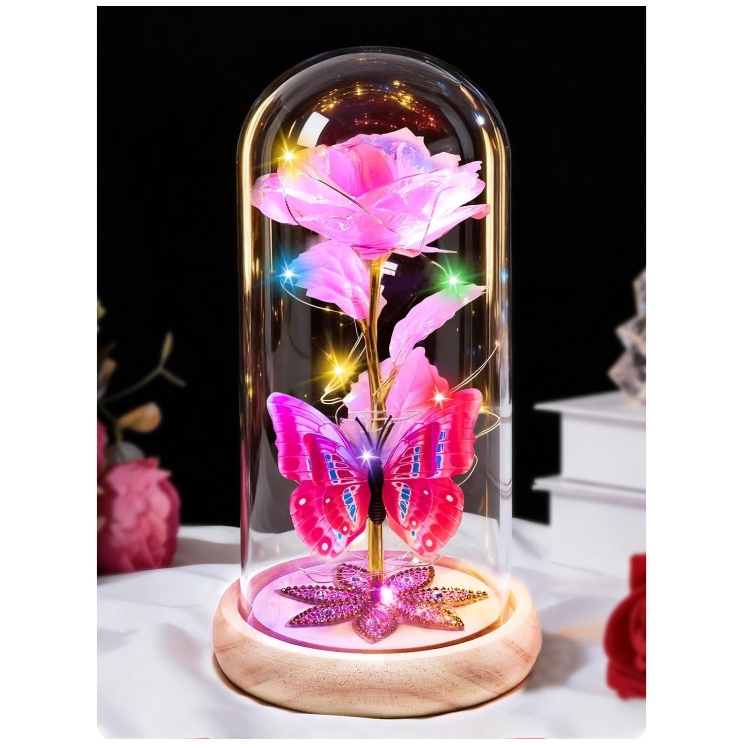 Eternal Galaxy Glass Rose in Dome – LED Light-Up Flower Gift