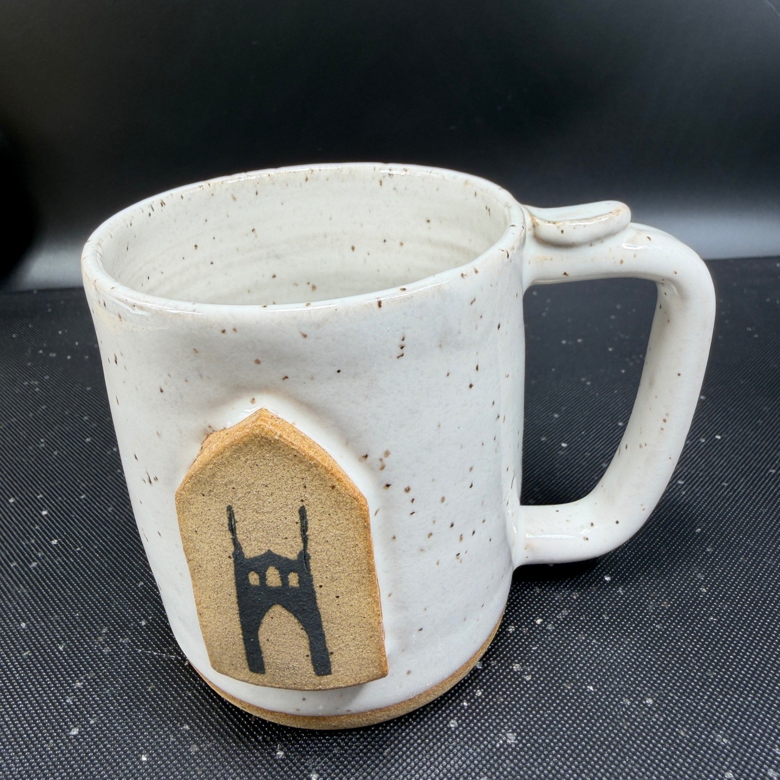 Studio Pottery Speckled White Mug Gothic Arch Medallion Artisan Stoneware 3.5in