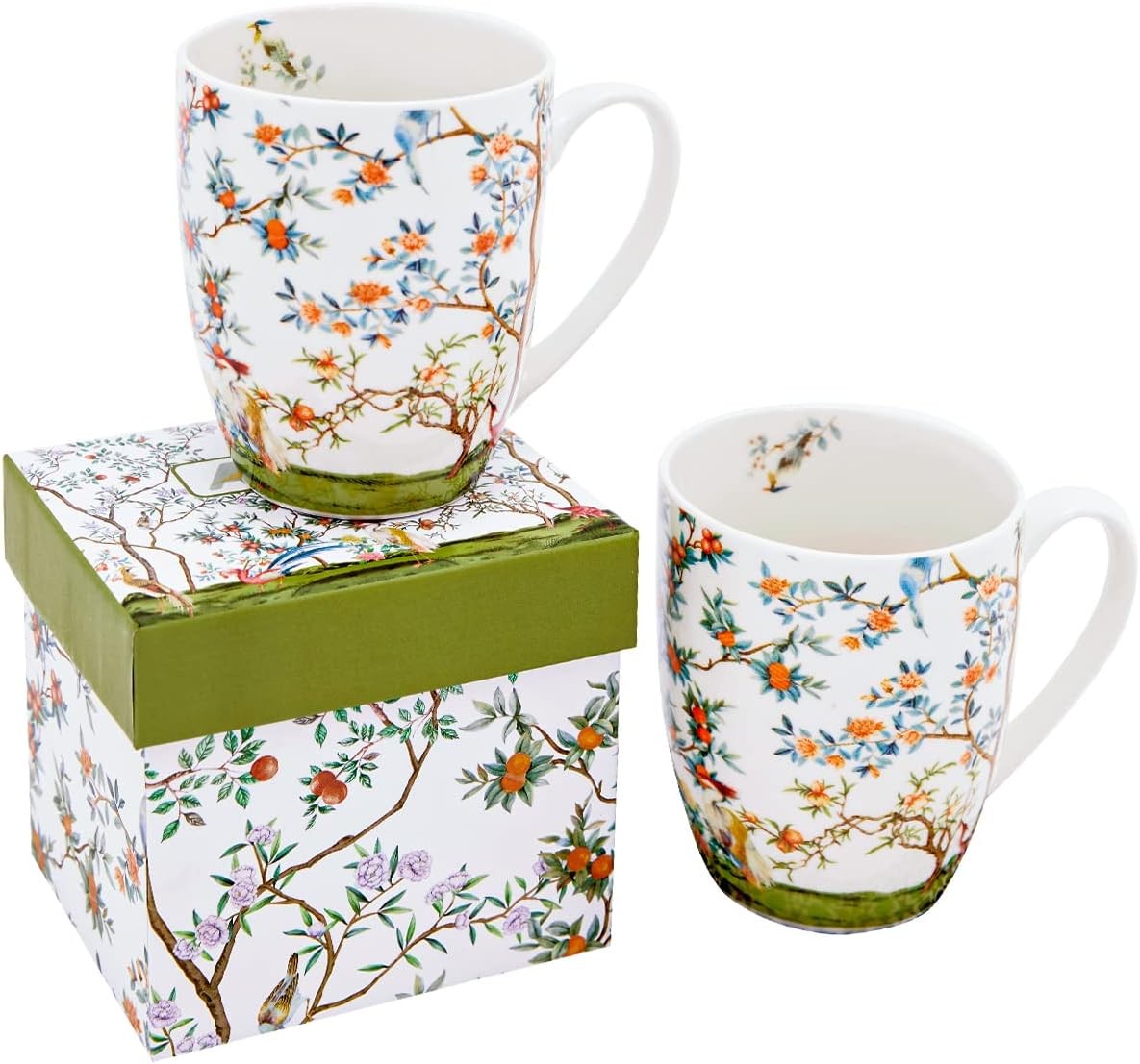 Fine China Mugs Bird and Branch Chinoiserie Coffee Mugs Flower Tea Cup Crafted