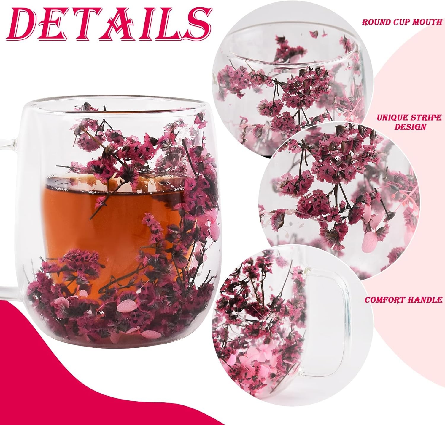 Real Flower Glass Tea Cup, Double Wall Borosilicate Coffee Mug with Preserved